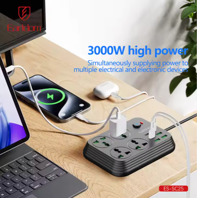 چند راهی 4 خانه برق ارت دار هوشمند ارلدام ES-SC25 با کابل 2 متری + شارژر USB و Type-C