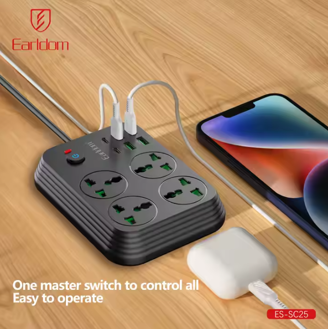 چند راهی 4 خانه برق ارت دار هوشمند ارلدام ES-SC25 با کابل 2 متری + شارژر USB و Type-C
