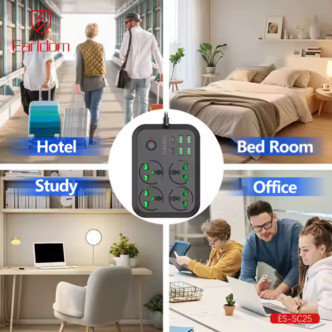 چند راهی 4 خانه برق ارت دار هوشمند ارلدام ES-SC25 با کابل 2 متری + شارژر USB و Type-C