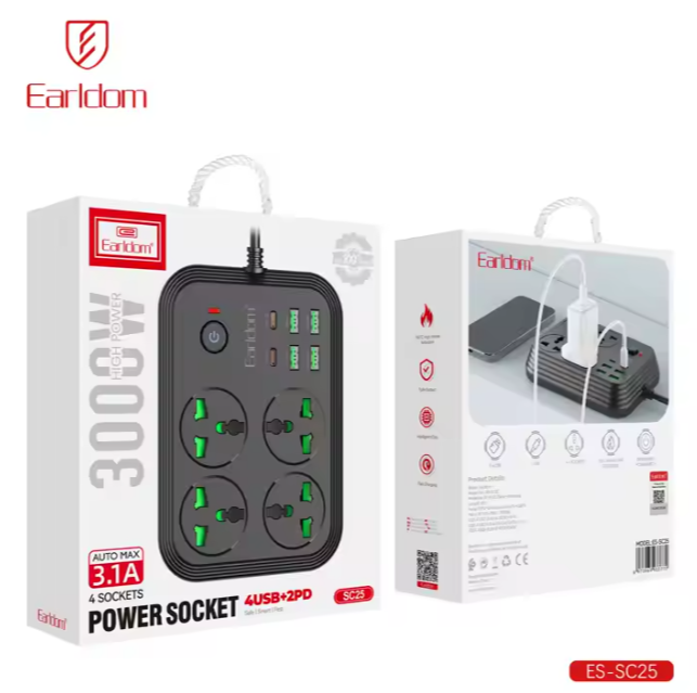 چند راهی 4 خانه برق ارت دار هوشمند ارلدام ES-SC25 با کابل 2 متری + شارژر USB و Type-C