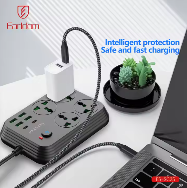 چند راهی 4 خانه برق ارت دار هوشمند ارلدام ES-SC25 با کابل 2 متری + شارژر USB و Type-C