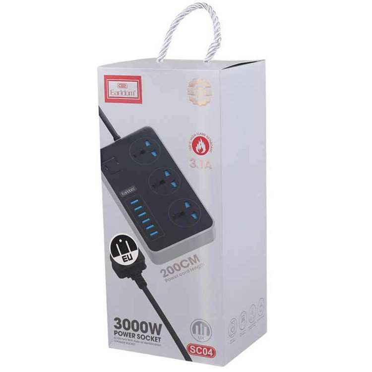 چند راهی 3 خانه ارت دار ارلدام ES-SC04 با کابل 2 متری + شارژر USB
