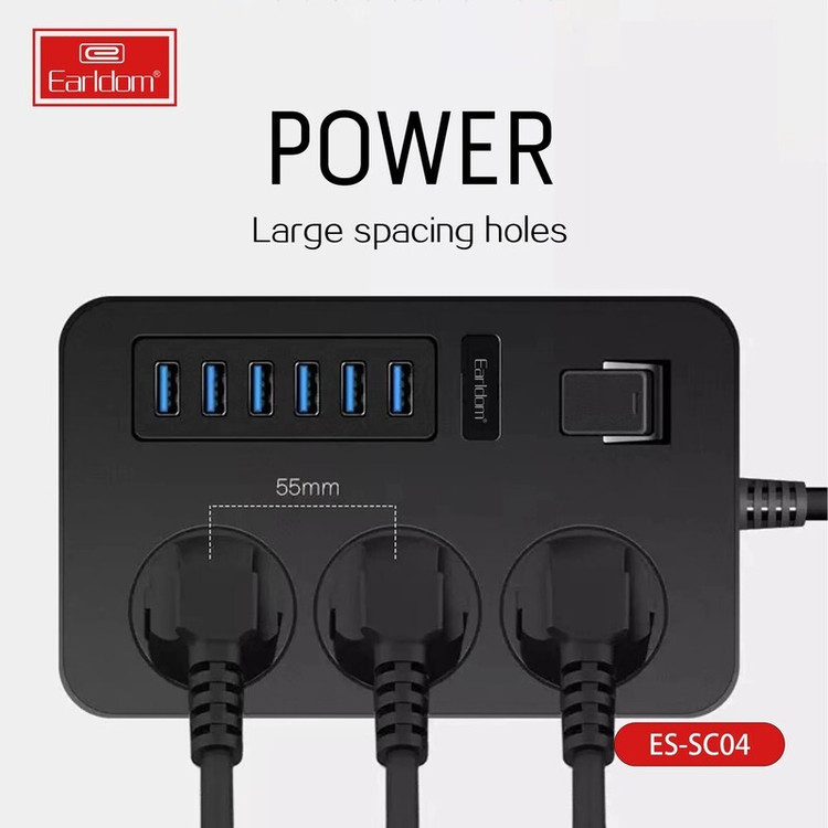 چند راهی 3 خانه ارت دار ارلدام ES-SC04 با کابل 2 متری + شارژر USB