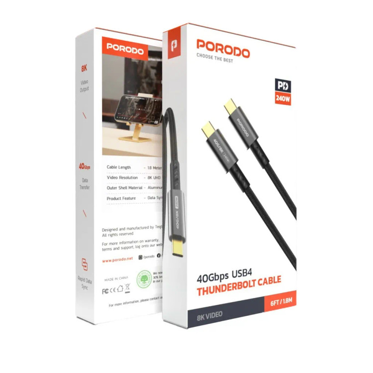 کابل تاندربولت سوپر فست شارژ 240 وات Porodo PD-WCC240W Woven 40gbps 8K 60hz