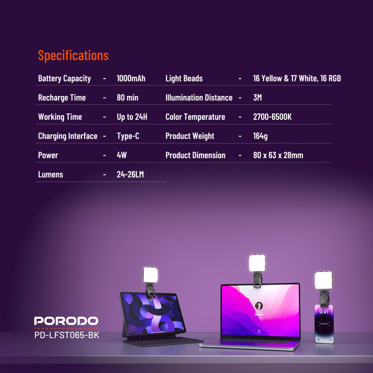 چراغ گیره ای موبایل Porodo PD-LFST065