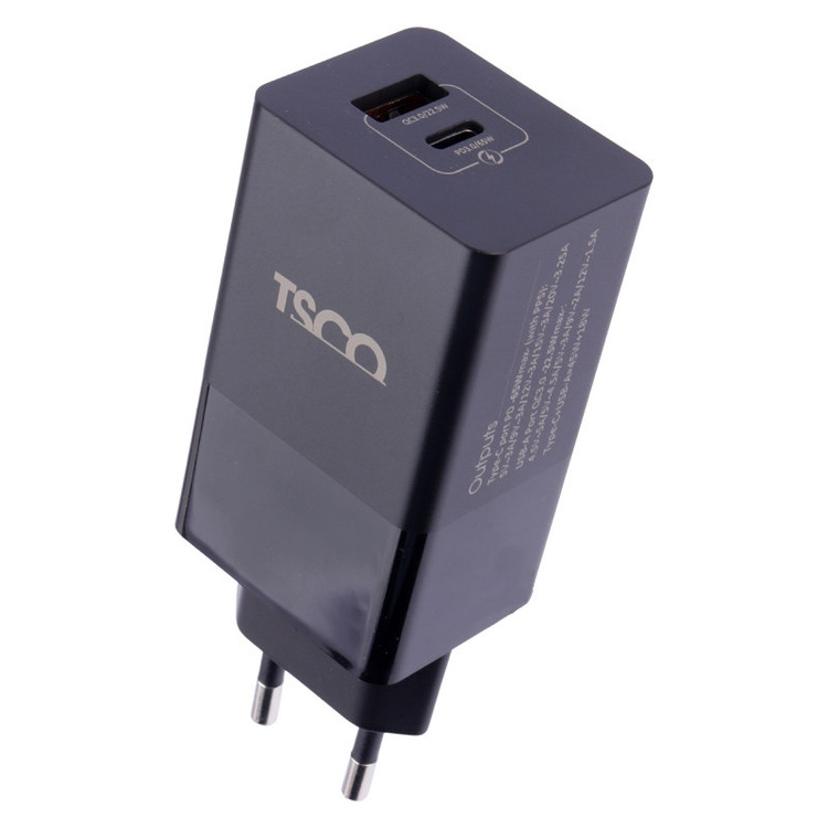 شارژر دیواری فست شارژ TSCO TTC 67 GaN 2Port QC3 PD 5A 65W Type-C + کابل تبدیل تایپ سی