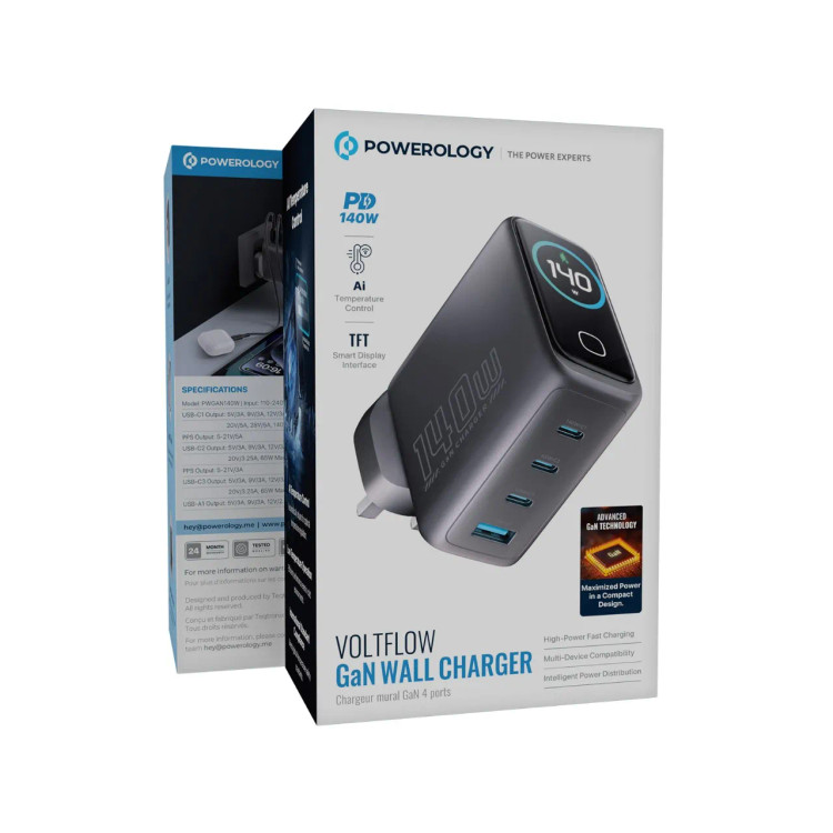 شارژر دیواری پاورولوژی Powerology PWGAN140WBK Voltflow GaN PD 140W