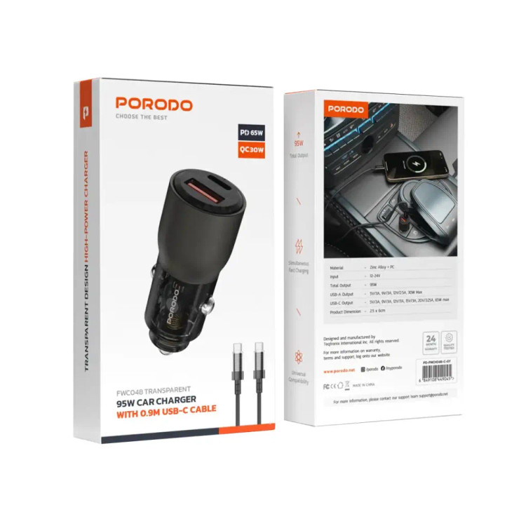شارژر فندکی + کابل تایپ سی 95W شفاف Porodo PD-FWCH048-C