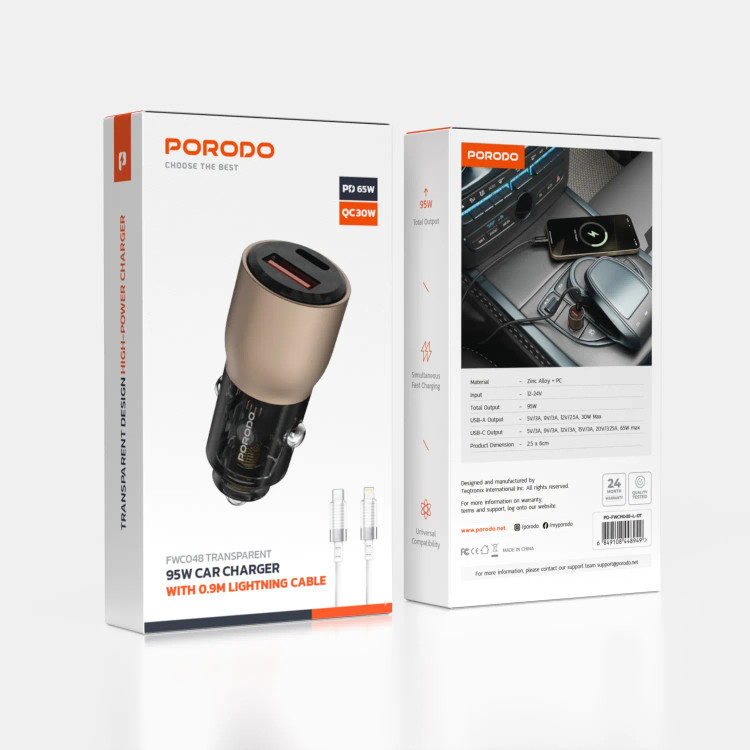 شارژر فندکی + کابل تایپ سی 95W شفاف Porodo PD-FWCH048-C