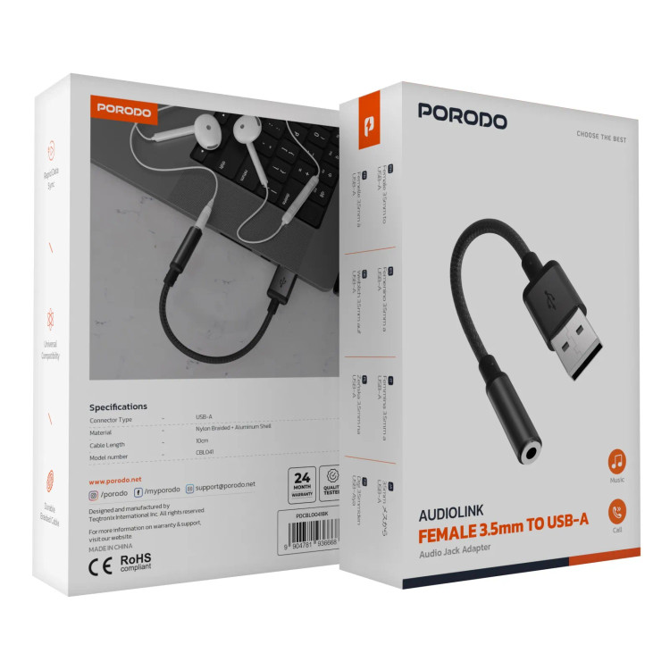 تبدیل جک 3.5 به USB-A برند Porodo PDCBL0041