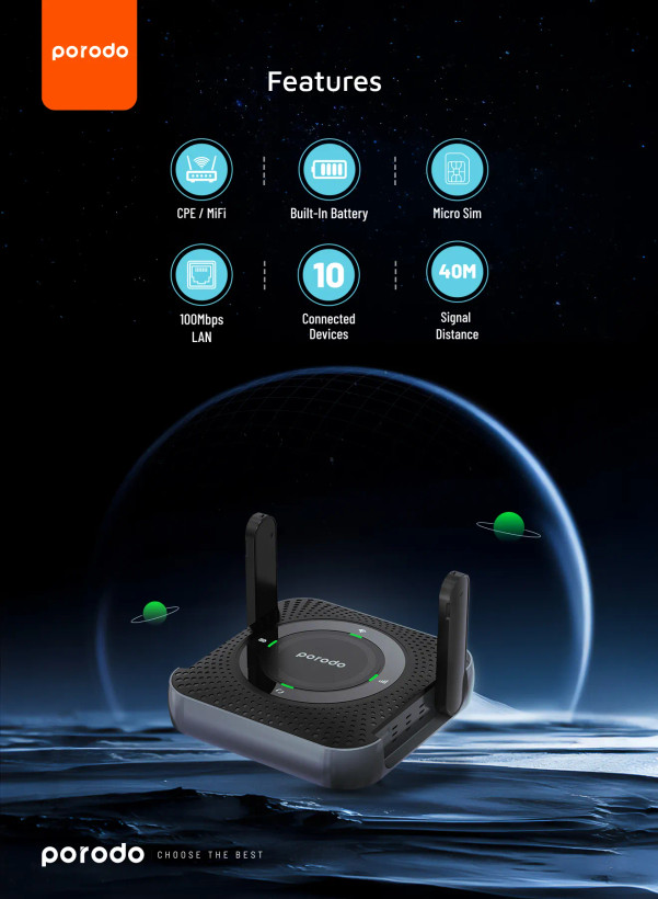 مودم بیسیم قابل حمل Porodo PD-4GCPMF CPE MiFi 3G/4G