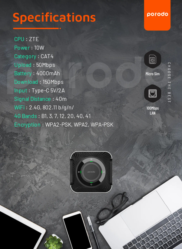مودم بیسیم قابل حمل Porodo PD-4GCPMF CPE MiFi 3G/4G