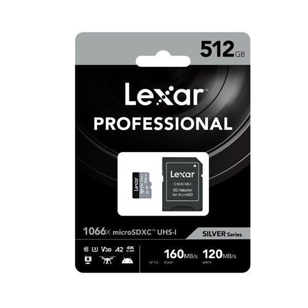 کارت حافظه microSDXC لکسار Lexar مدل 1066X کلاس A2 استاندارد UHS-U3 سرعت 160MBps ظرفیت 512 گیگابایت به همراه آداپتور SD