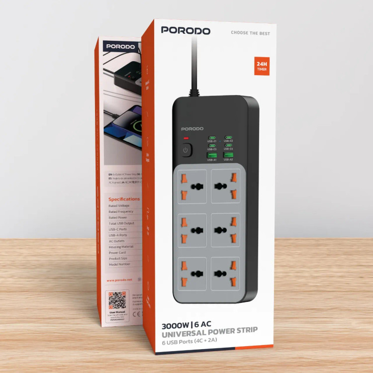 چند راهی برق هوشمند Porodo PDFWCH100 6AC 3000W