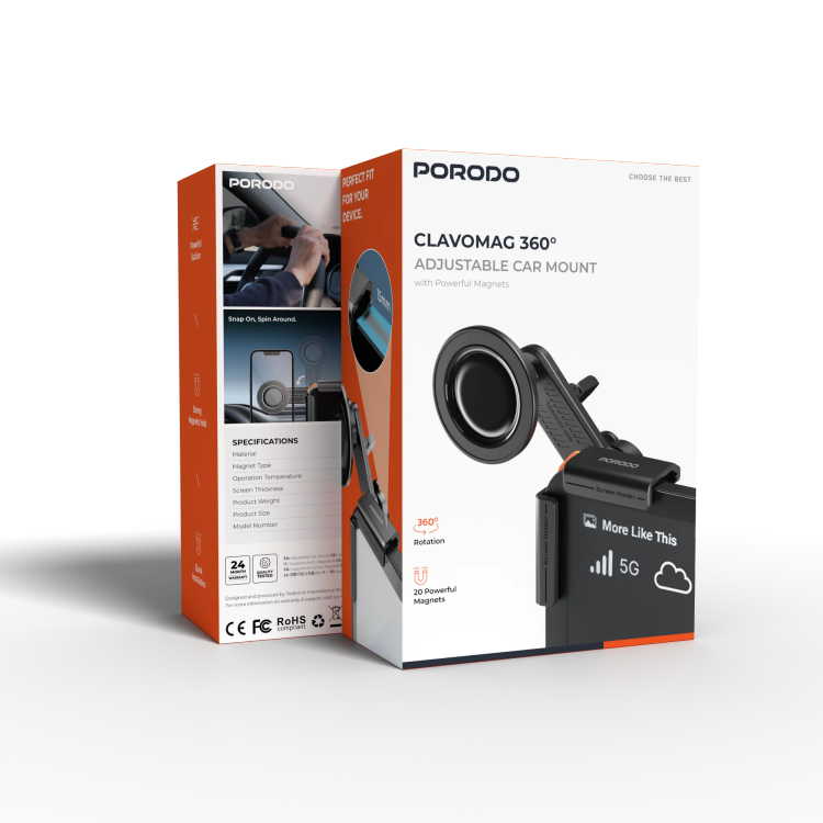 نگهدارنده گوشی بغل مانیتور ماشین و لپتاپ مگ سیف Porodo Clavomag PDRLX16BK 360°