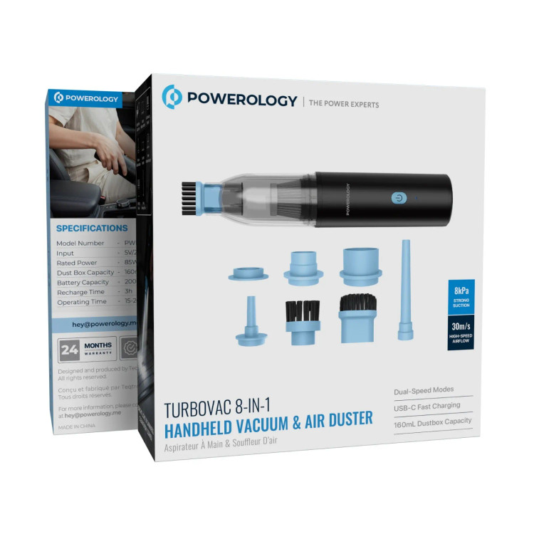 جاروبرقی و گردگیر دستی ۸ کاره Powerology Turbovac PWLFVD05BK