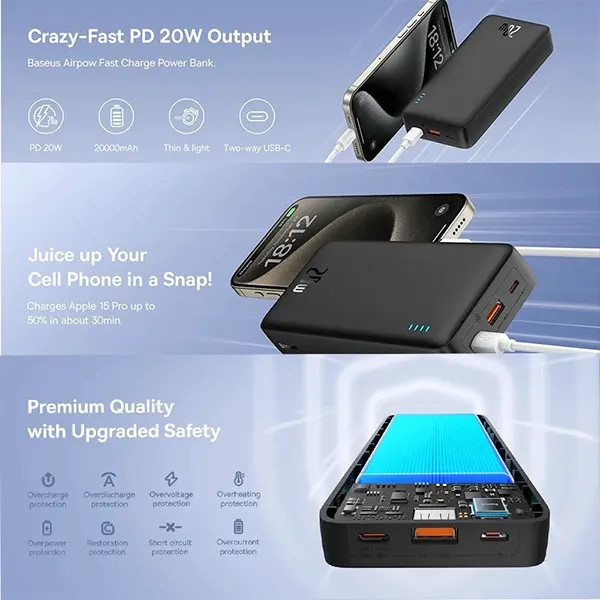 پاور بانک فست شارژ 20000 باسئوس Baseus Airpow PPAP20K DZ-JD1 PPQD010002 QC3 PD 20W