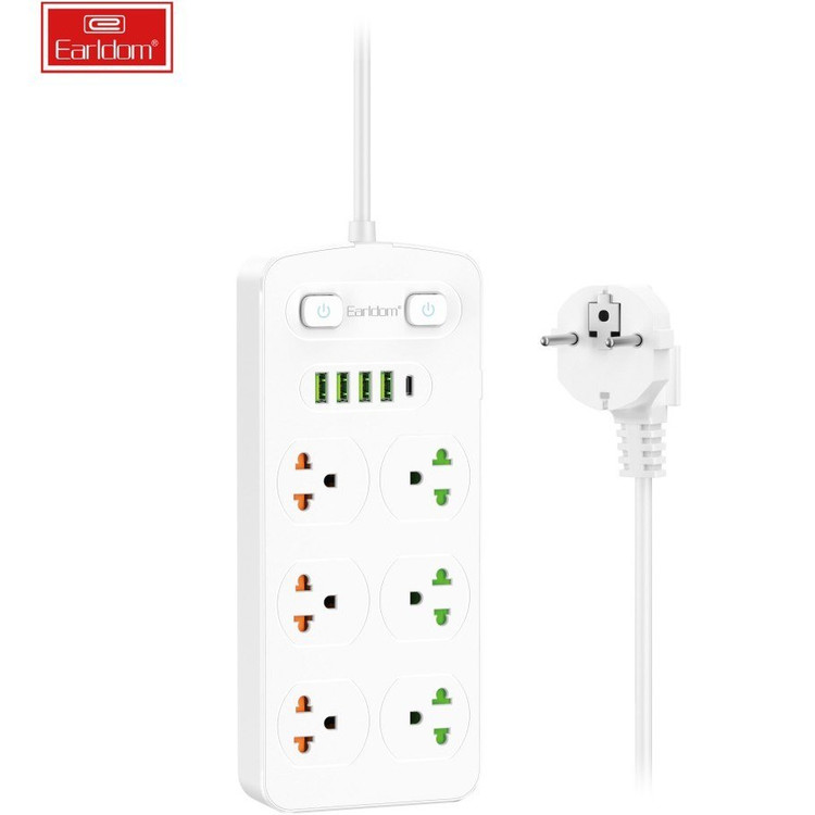 چند راهی 6 خانه ارت دار ارلدام ES-SC09 با کابل 2 متری + شارژر USB و Type-C