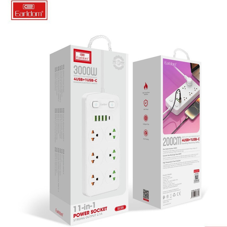 چند راهی 6 خانه ارت دار ارلدام ES-SC09 با کابل 2 متری + شارژر USB و Type-C