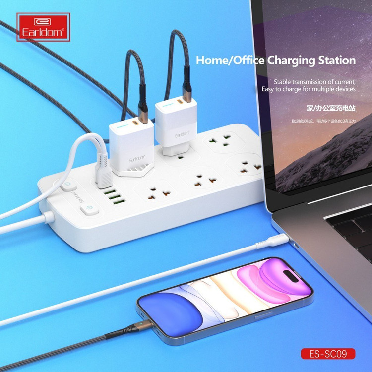 چند راهی 6 خانه ارت دار ارلدام ES-SC09 با کابل 2 متری + شارژر USB و Type-C