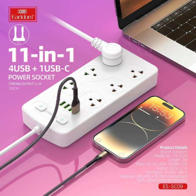 چند راهی 6 خانه ارت دار ارلدام ES-SC09 با کابل 2 متری + شارژر USB و Type-C