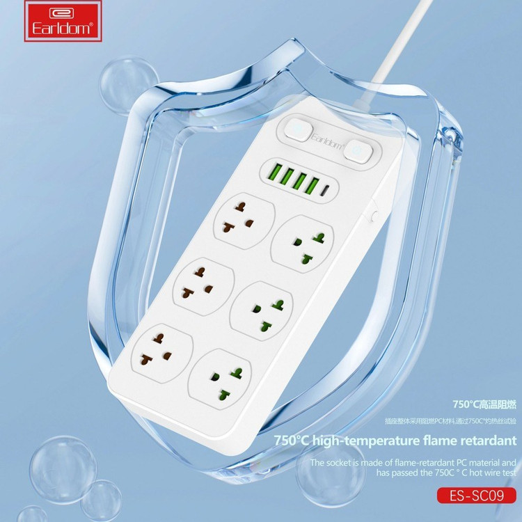 چند راهی 6 خانه ارت دار ارلدام ES-SC09 با کابل 2 متری + شارژر USB و Type-C