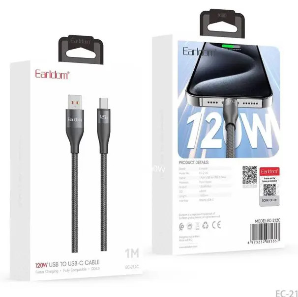 کابل تایپ سی فست شارژ 120 وات ارلدام EC-212C طول 1 متر