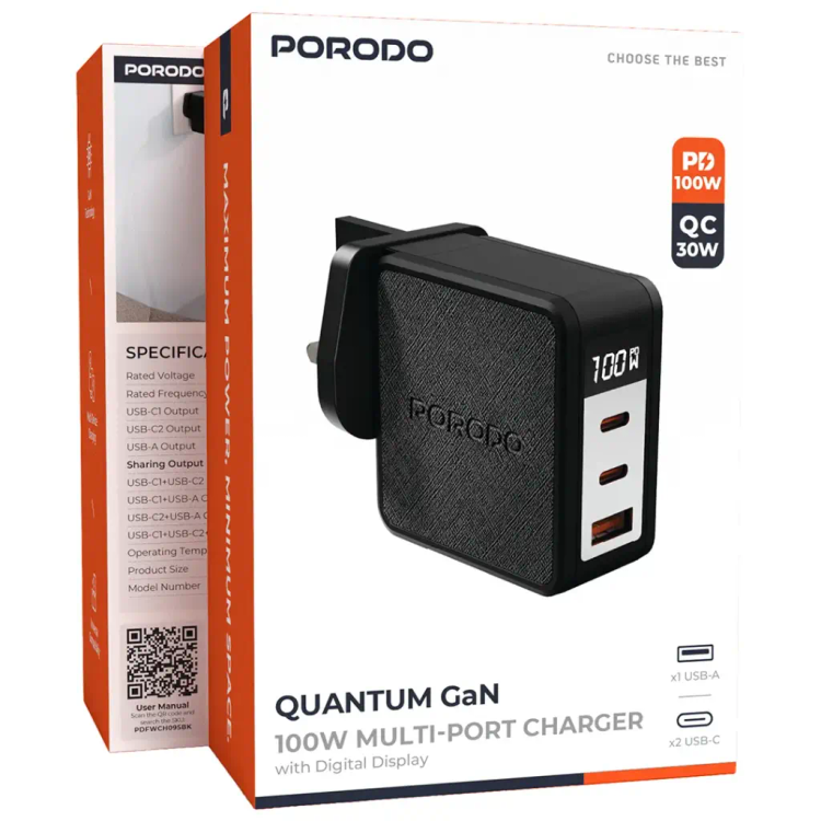 شارژر چند پورت Porodo Quantum GaN 100W با نمایشگر دیجیتال