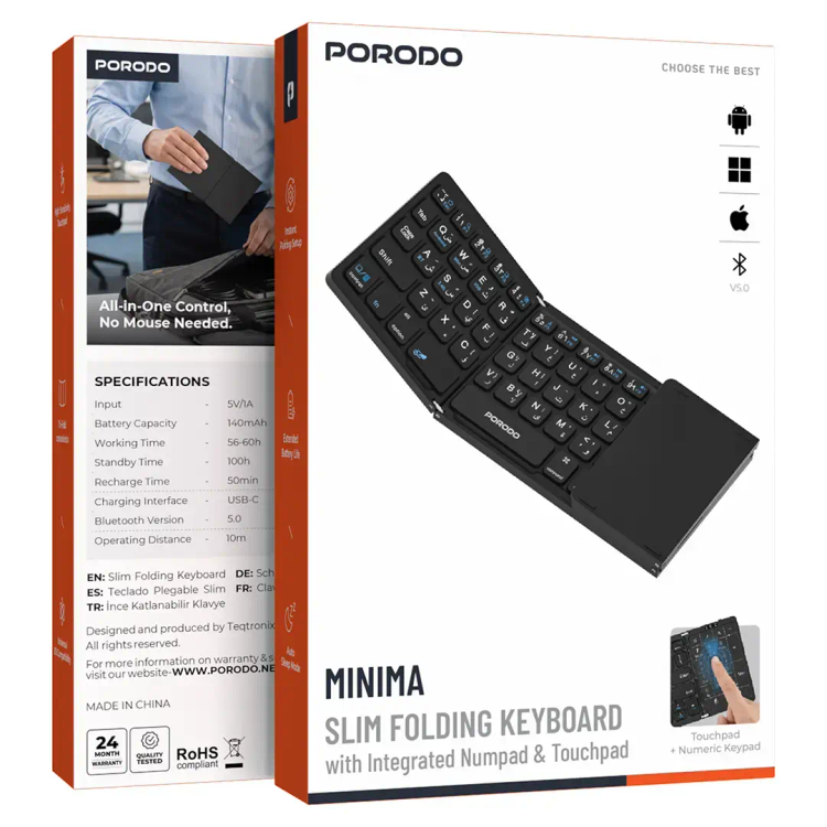 کیبورد تاشوی باریک با صفحه کلید اعداد و تاچپد یکپارچه Porodo Minima PD2689