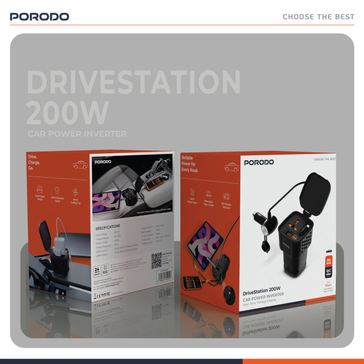 اینورتر برق خودرو 200 واتی با نمایش ولتاژ لحظهای Porodo DriveStation PDCI103