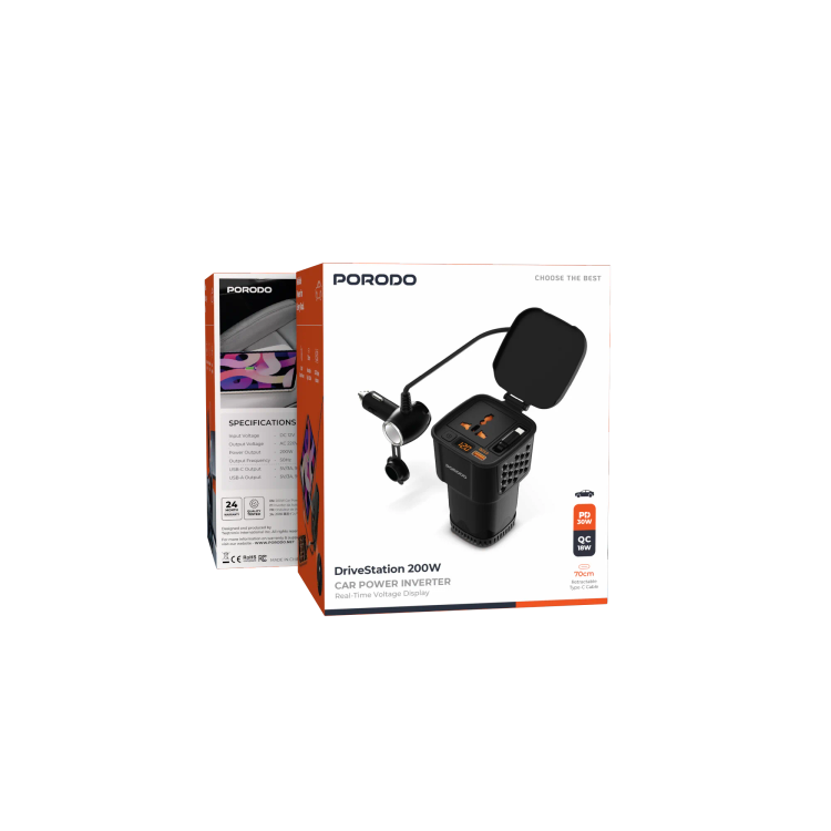 اینورتر برق خودرو 200 واتی با نمایش ولتاژ لحظهای Porodo DriveStation PDCI103