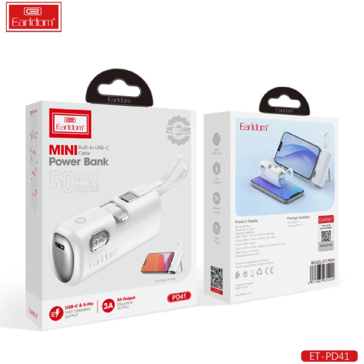 پاوربانک تایپ سی و لایتنینگ 22.5 وات 5000 با کابل تایپ سی ارلدام ET-PD41