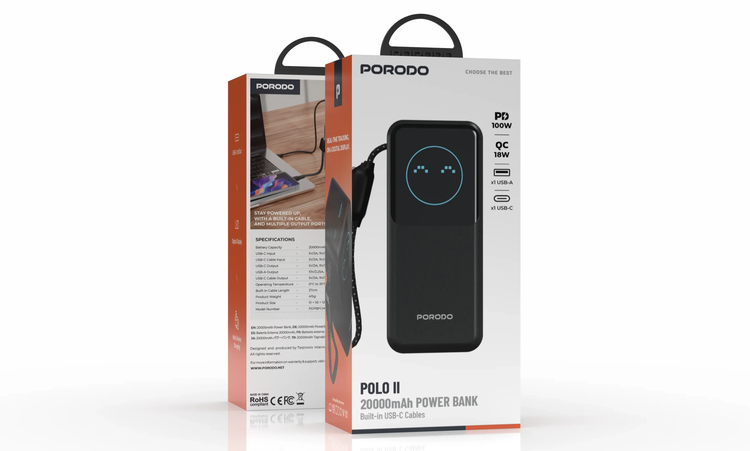 پاوربانک ۲۰۰۰۰ میلیآمپرساعت با کابل Type-C Porodo POLO II PDPBFCH0101