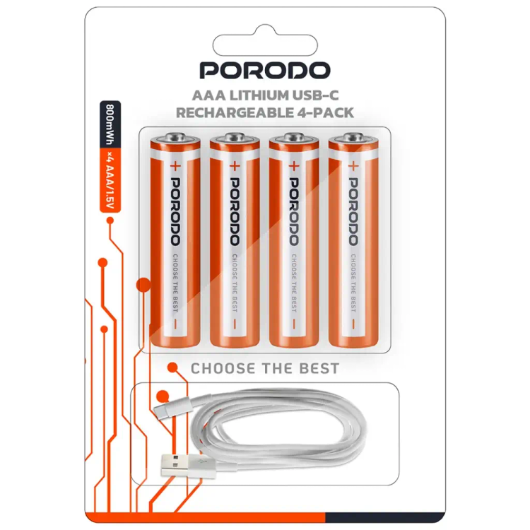 باتری لیتیومی چهارتایی نیم قلمی شارژی Porodo PDAAA8RB 800mWh