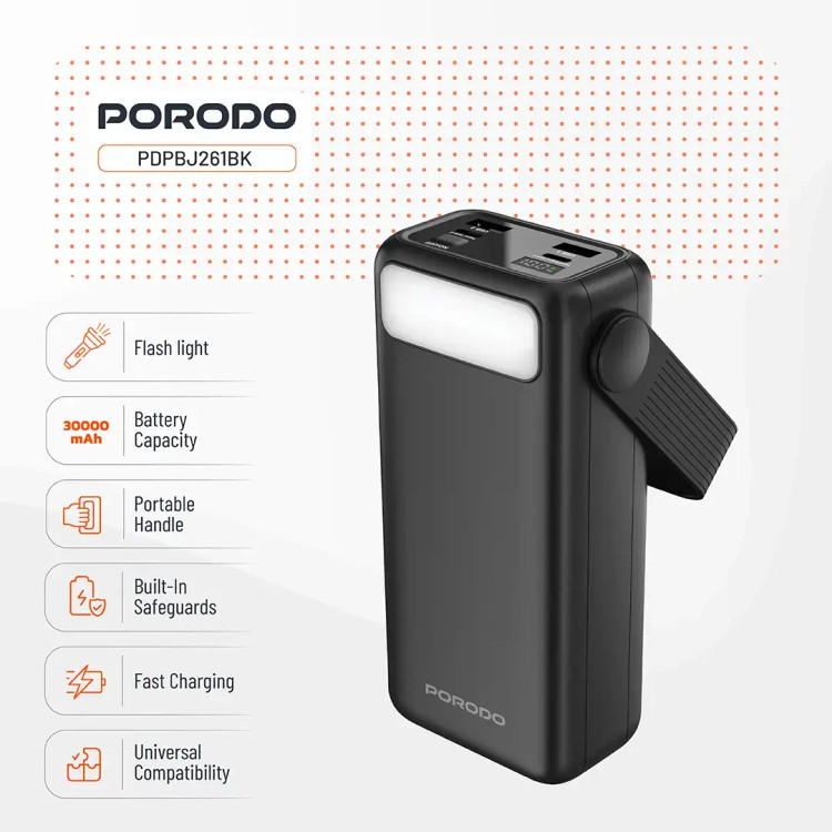 پاوربانک و چراغ قوه ۳۰۰۰۰ میلیآمپر ساعتی Porodo Lara PDPBJ261
