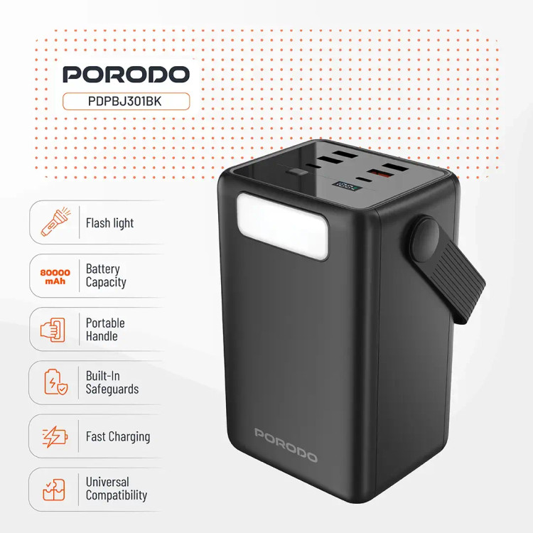 پاوربانک و چراغ قوه 8۰۰۰۰ میلیآمپر ساعتی Porodo Lara PDPBJ301